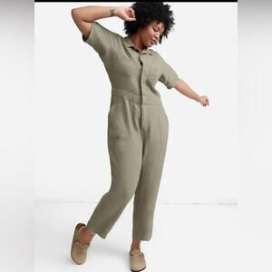 NWT Mate The Label 100% Organic Linen Sage Short Sleeve Button Up‎ Jumpsuit Med